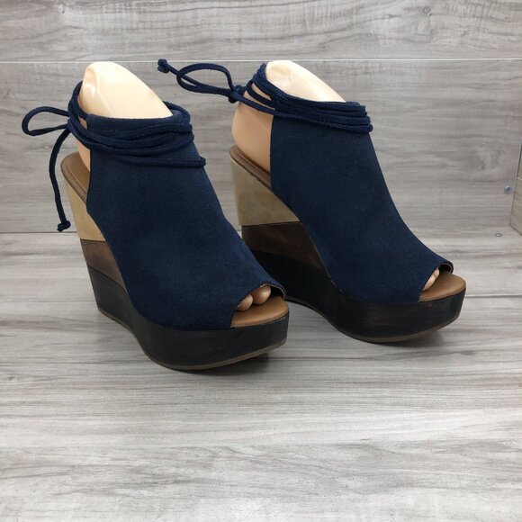 Michel Domit Wedges Womens 7.5 Blue Suede Wrap Lace Up Wooden Peep Toe Sandals - Picture 1 of 13